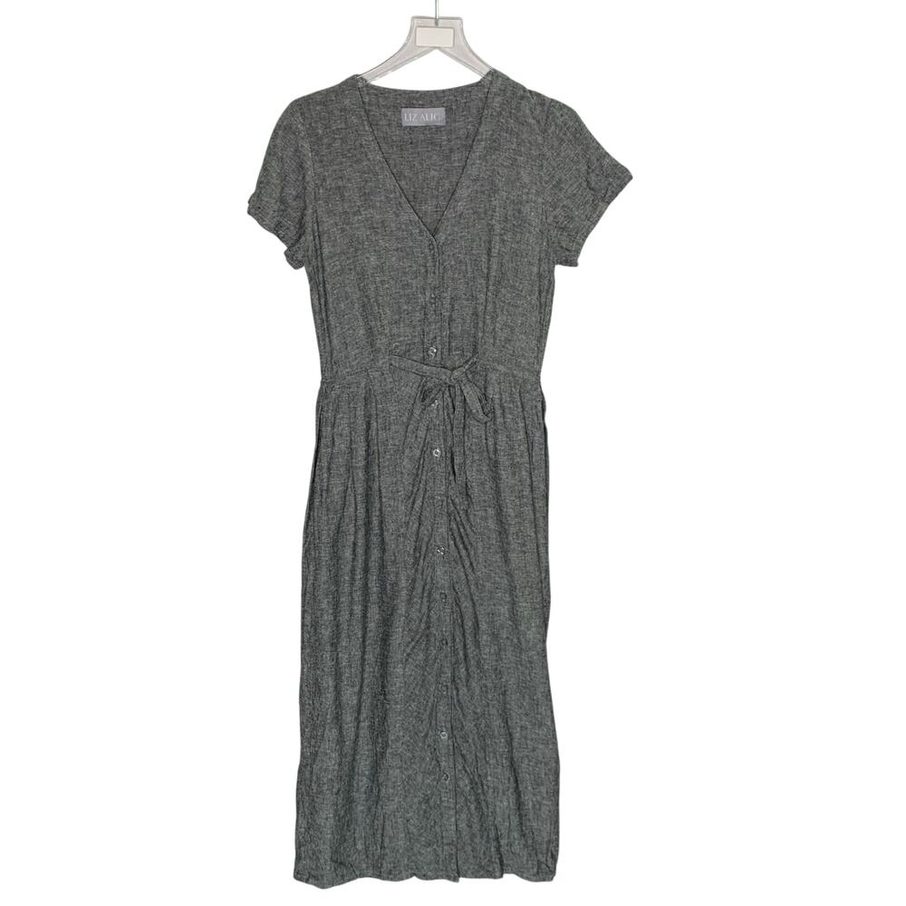 Liz Alig June Dress S Black White Chambray Button Front Belted Sustainable Linen